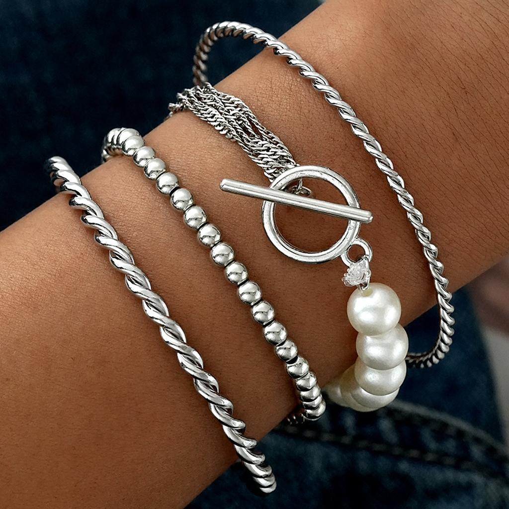 4Pcs Silver Color Bracelet Set For Women Fashion Pearl Beaded Chain Bracelet Trendy Boho Jewelry For Party Daily Wear Gift 2026