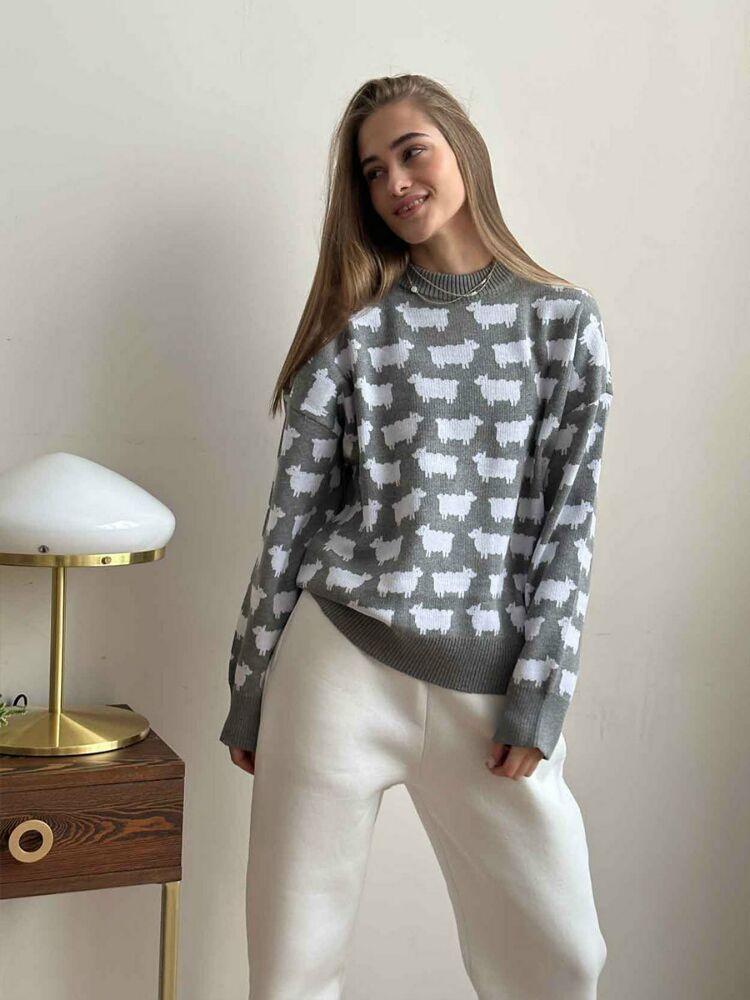 Lockerer Pullover mit Schafdruck Übergröße Damen O-Ausschnitt Langarm Damenpullover Herbst Winter Dick Warm Lässige Pullover