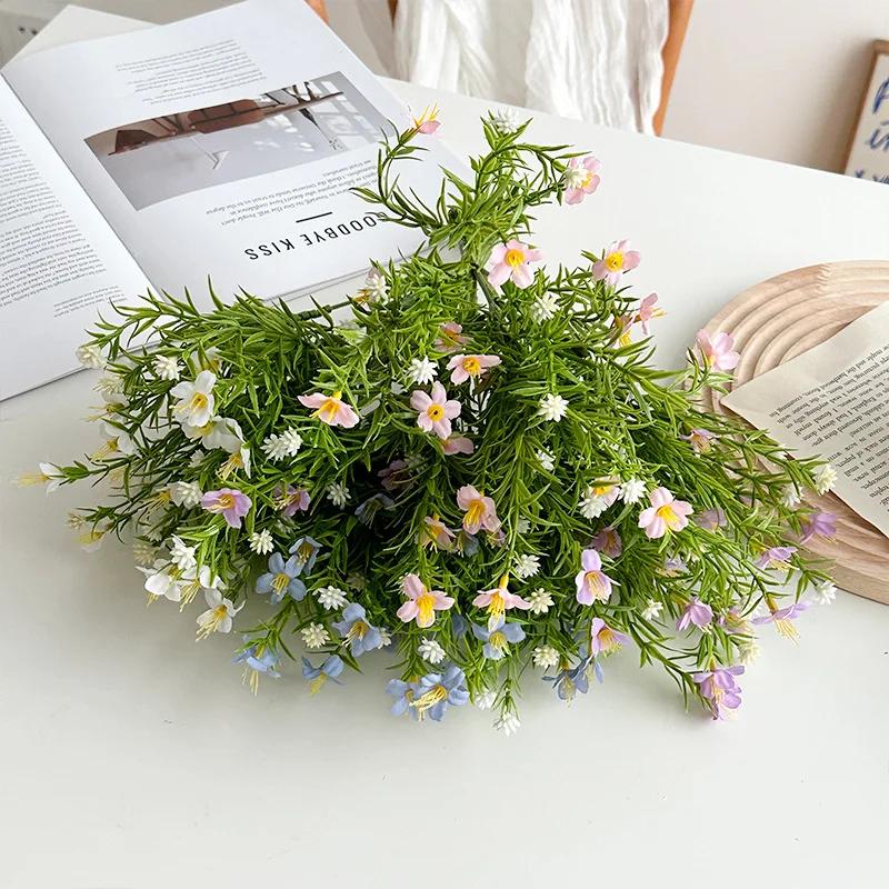 7 Fork Artificial Flower Water Plants Jasmine Wild Chrysanthemum Fake Flower Arrangement with Grass Home Outdoor Wedding Decor