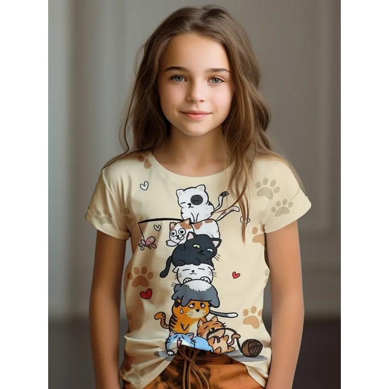 Buntes Katzenmädchen T-Shirt Niedliche Muster Sommer Kurzarm 3D Druck Mädchen Oberteil Mode Lässig Streetwear Kinderkleidung