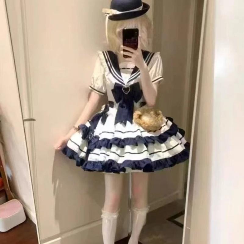Dolce Carina Ragazza Set Manica Corta con Collo Blu Stile Giapponese Kawaii Lolita Vestiti Set con Fiocco di Pizzo Vestito da Festa Principessa con Collo da Marinaio