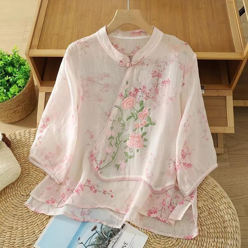 Womens Floral Embroidered Chinese Style Stand Collar Blouse M