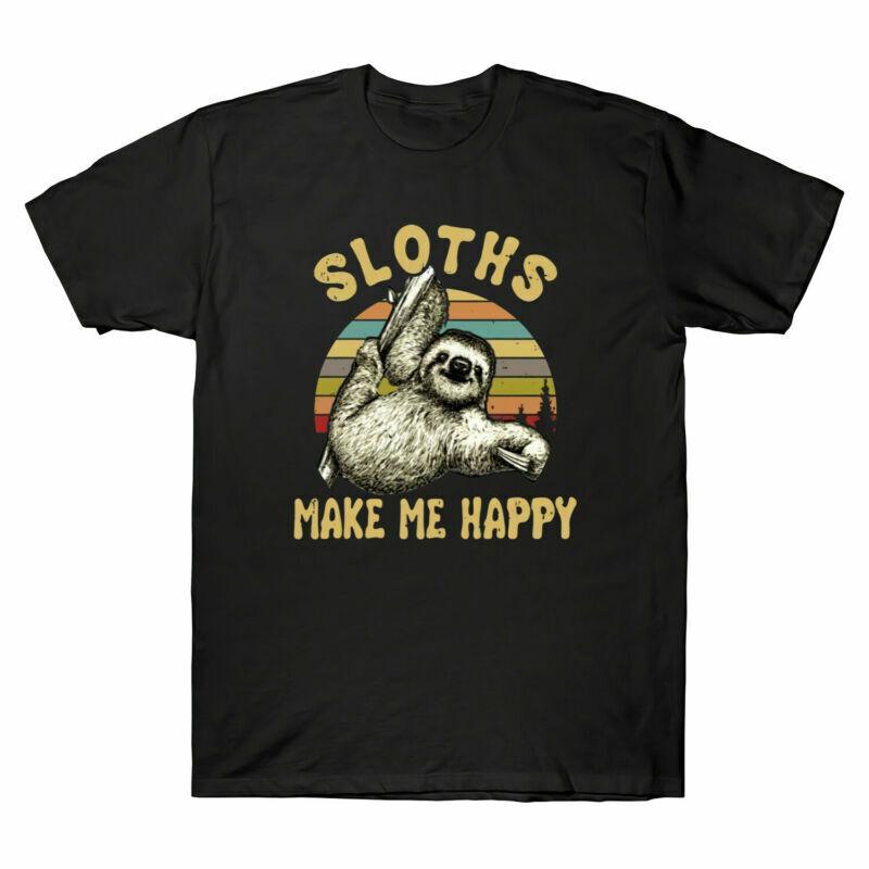 

Sloths Make Me Happy Funny Vintage Men s T-shirt Black Cotton Short Sleeve Tee Unisex T-Shirt XL