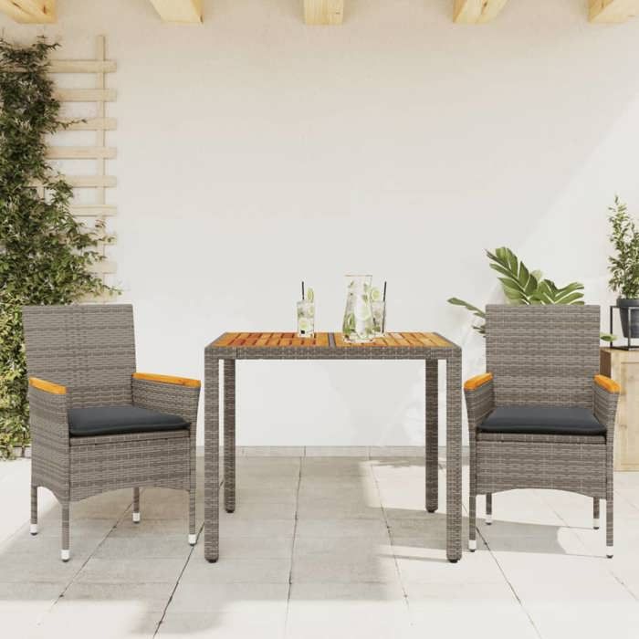 VidaXL Garden Dining Set and Cushions 3 Pcs Grey Rattan Acacia, Outdoor Dining Set, Furniture of 3278633