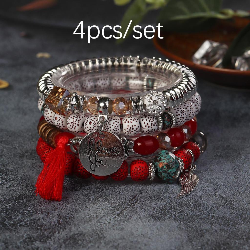 Bohemian Beaded Bracelet Set with Wing Pendant and Tassels