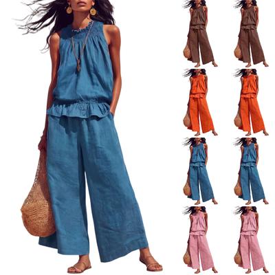 Conjunto de Dos Piezas para Mujer Estilo Bohemio Casual con Volantes, sin Mangas y Pantalones de Pierna Ancha, Mezcla de Lino, Atuendo de Verano