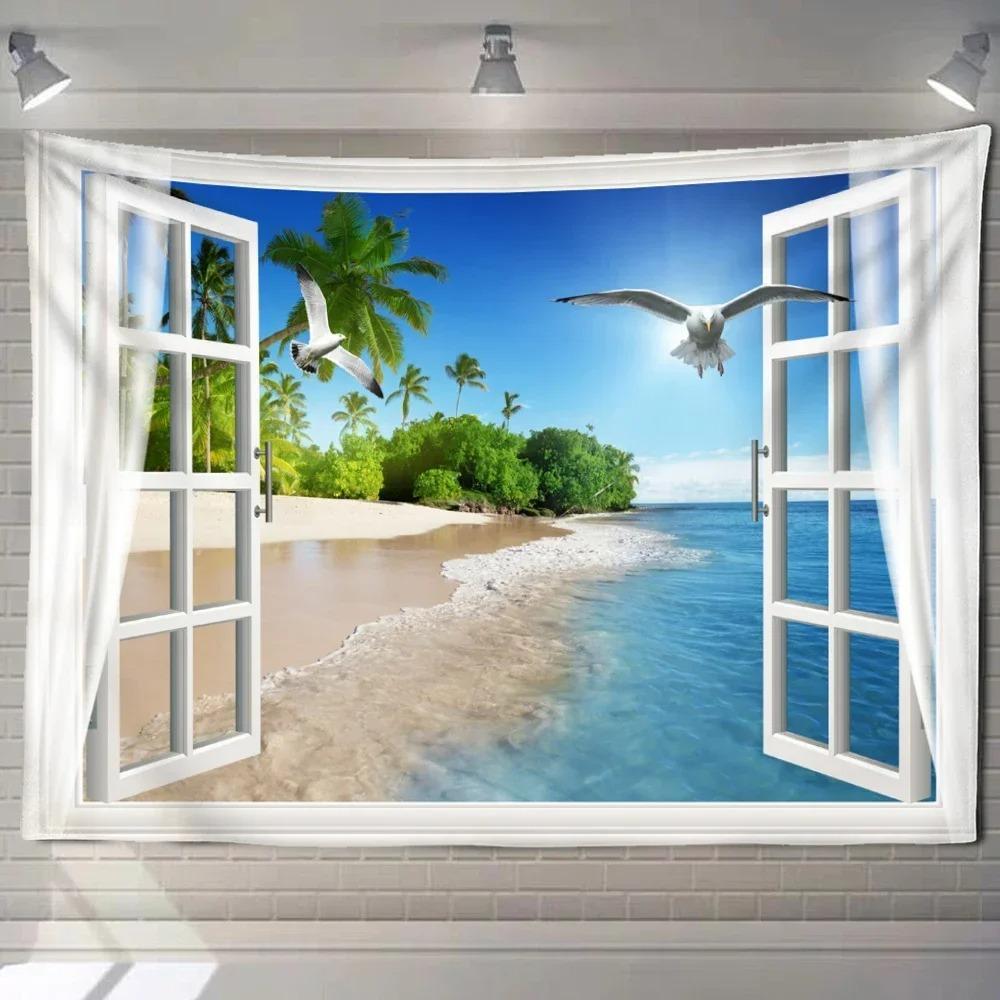 Home decoration natural ecological beach scenery imitation window paper art tapestry background wall room beautiful living room