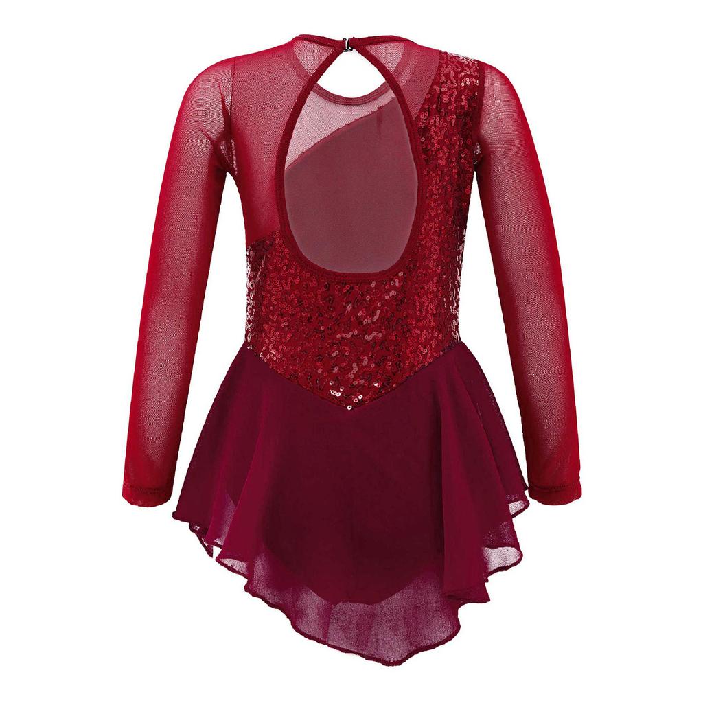 Girls Jazz Dance Bodysuit Rhythmic Gymnastics Stage Wear Sequin Tulle Splice Long Sleeves Cutouts Back Figure Ice Skating Athletic Skirted Leotard