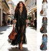 Noir Theory Women's Faux Denim Shirt Dress, Long Sleeve Mesh Patchwork Maxi Button Down Ruffle Sheer Dress