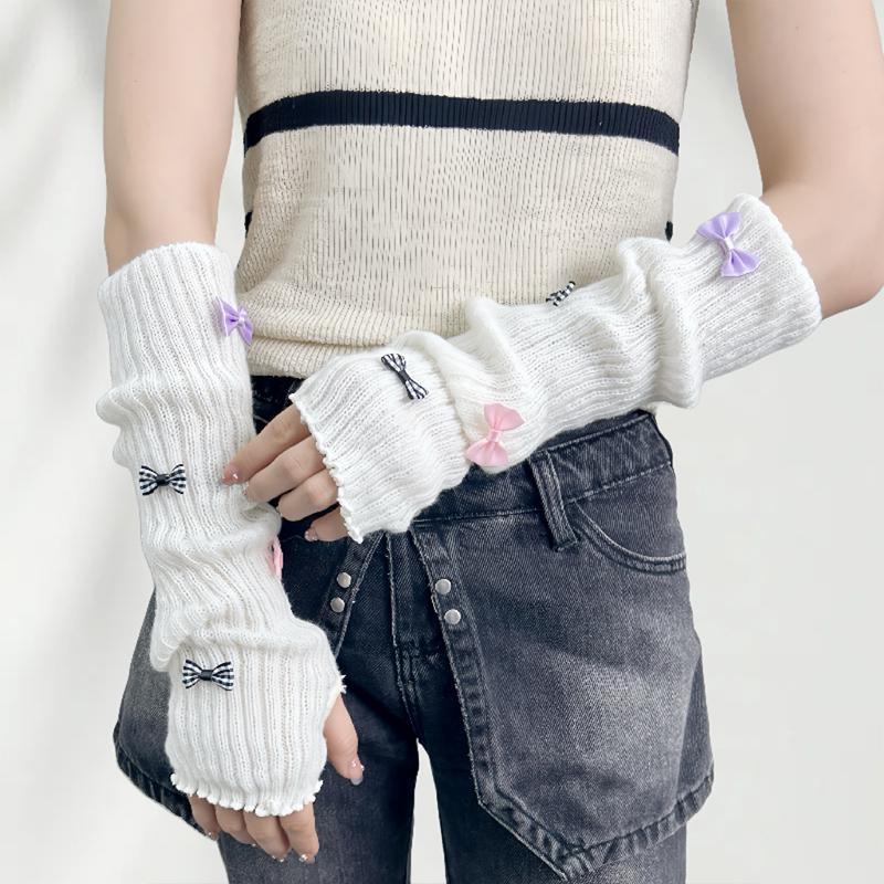 Sweet Cute Fur Bowknot Fingerless Gloves Girl Cosplay Sleeves Arm Sleeves Wool Knitted Sleeves
