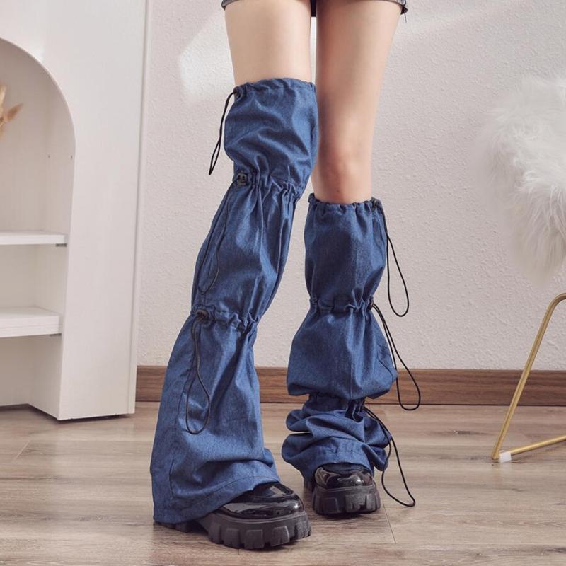 Punk Jeans Leg Warmers with Drawstring Bandage Harajuku Leg Cover Flared Over Knee Long Socks Streetwear for Women