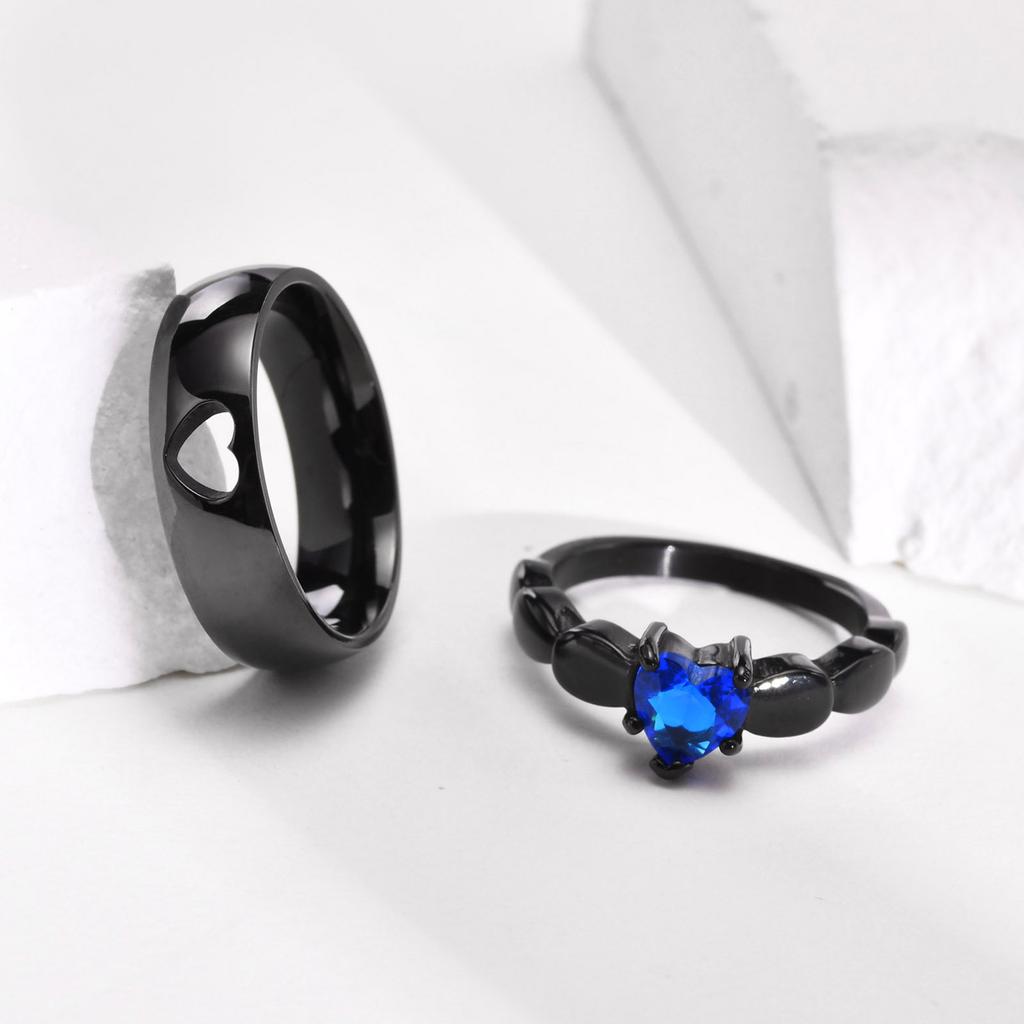 Couple Heart Rings Stainless Steel Love Stone Wedding Band Promised Rings for Her and His Jewelry Anniversary Gift