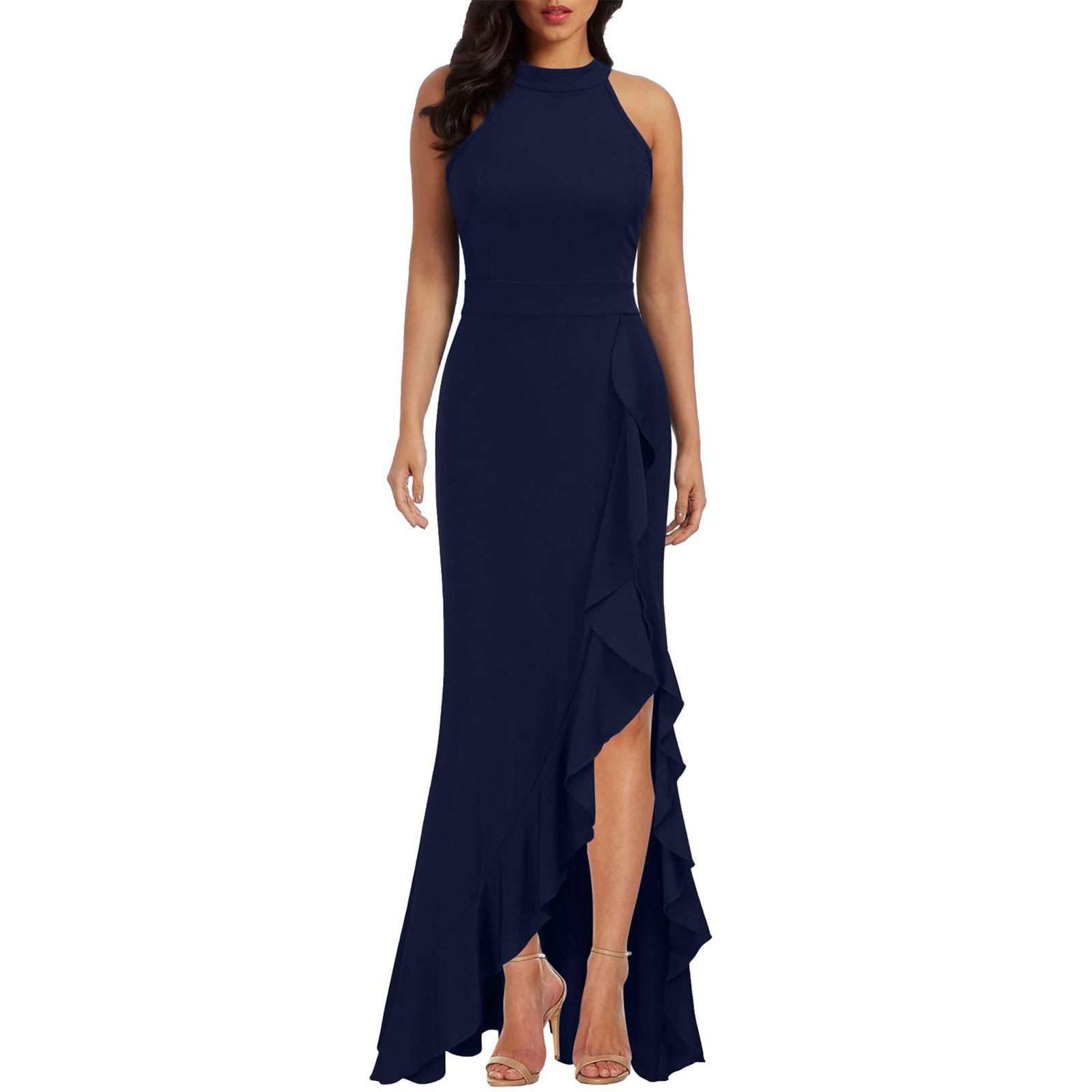 Sleeveless High Neck Mermaid Evening Dress Long Formal Gown With Side Slit And Ruffle Detail Slim Fit Maxi Dress For Women XXL тёмно-синий
