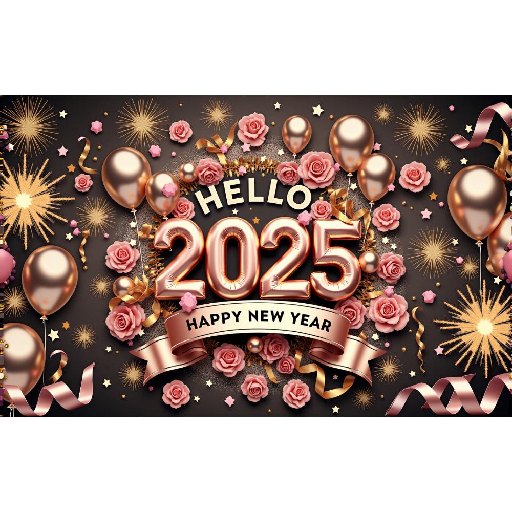 2025 Happy New Year Pink Rose Flower Theme Party Background Balloons Family Party Banner Decoration Photography Background