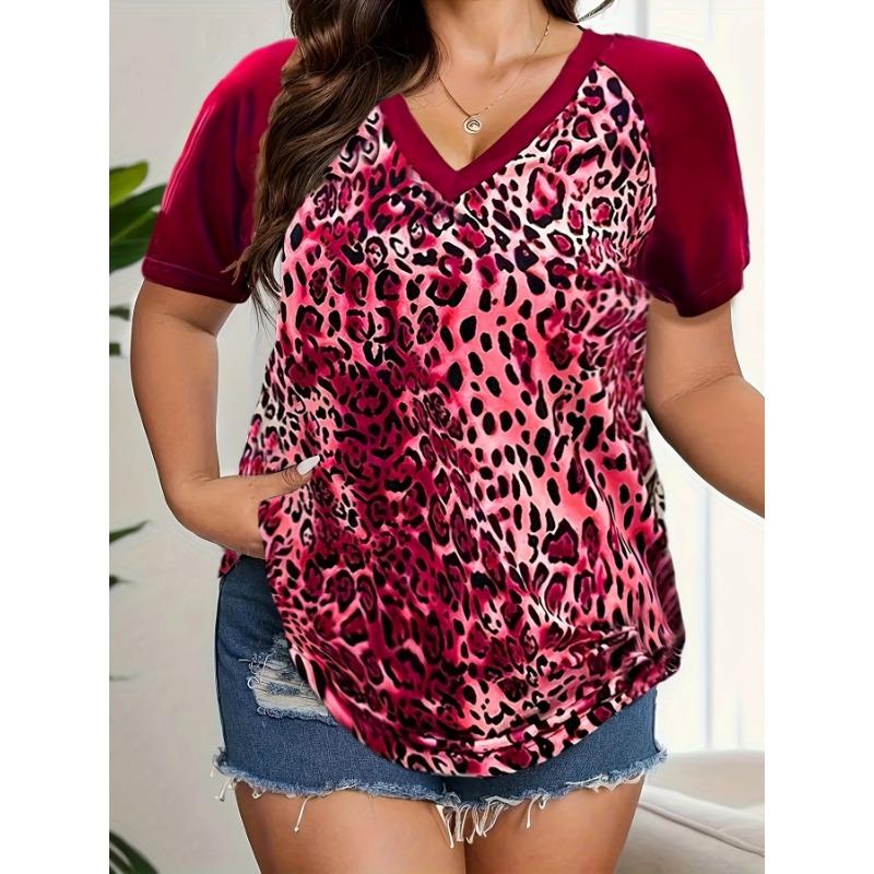American Retro Oversized V-Neck T-Shirt Women's Plus Size Rose Pink Leopard Print Short Sleeve Versatile Flattering Top