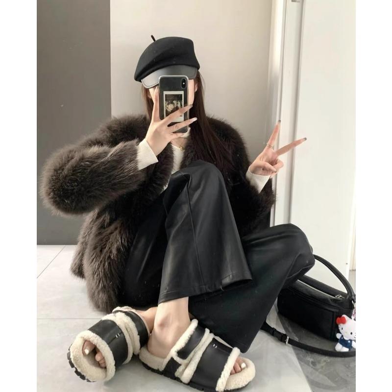 Leather Pants Women's Casual Slimming Trousers High Waist Straight Wide Leg Floor Trousers