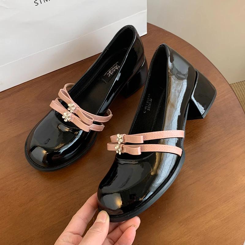 Women Heels Shoes Crystal Bow Sandals Woman Summer 2025 New Chunky Sweet Lolita Dress Pumps Leather Zapatos De Mujer
