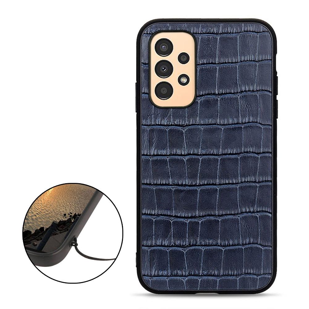 

For Samsung Galaxy A13 4G Anti-fall Cover,Crocodile Texture Genuine Leather Coated PC+TPU Phone Back Case Blue