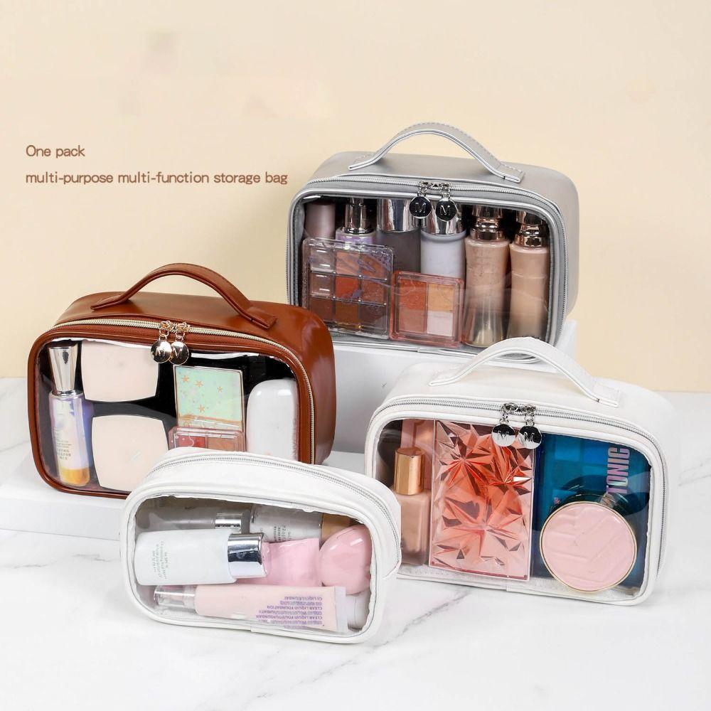 Large Capacity Storage Toiletry Bag PU PVC Clear Window Make Up Bag Waterproof Multifunctional Cosmetic Bag Travel