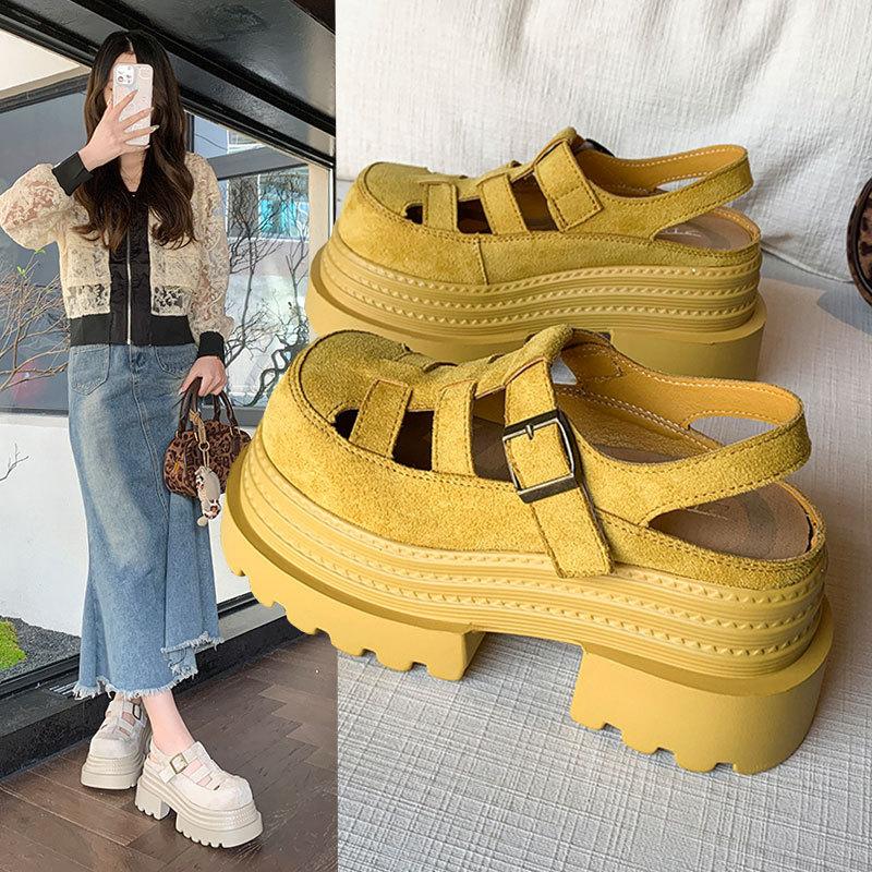 

Thick-soled heightening shoes Hollow hole shoes 2025 spring and summer new Mary Jane single shoes Baotou sandals 35 бежевый