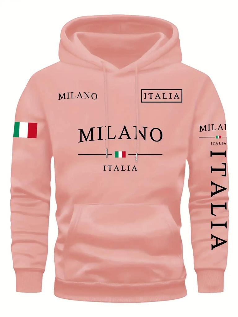 Men's Flag & Letter Hoodie - Fleece Lined Autumn/Winter Trendy Pullover