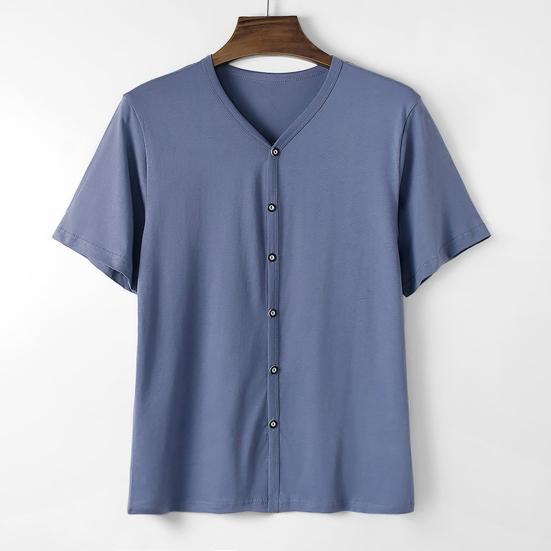 Men Button Down T-shirt Solid Color V-Neck Short Sleeve Tee Shirt Summer
