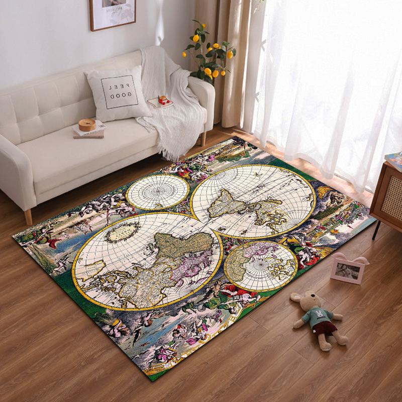 "Vintage World Map with Mythological Art - Non-slip rug suitable for living room and bedroom sofas"