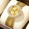 Elegant Women Waterproof Quartz Watch Rhinestone Decor Bezel Date Dial Wide Mesh Metal Band