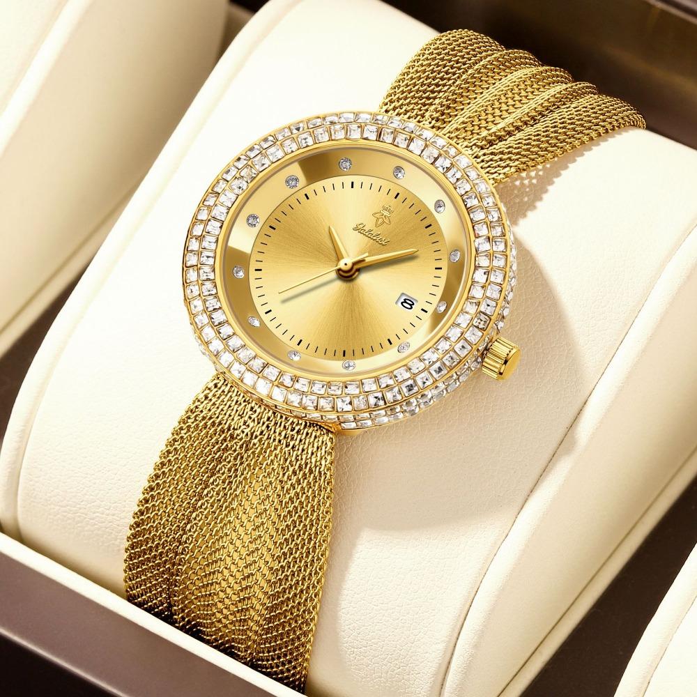 Elegant Women Waterproof Quartz Watch Rhinestone Decor Bezel Date Dial Wide Mesh Metal Band