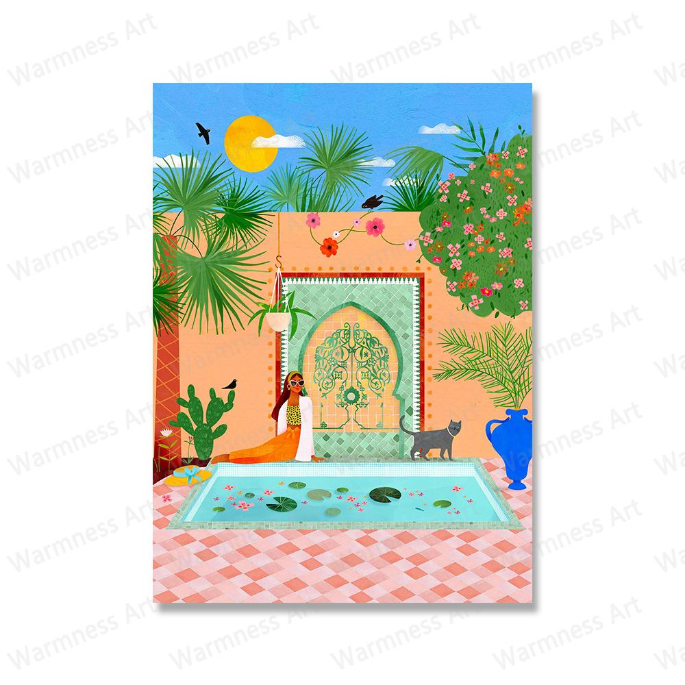 Tropical Jungle Plant Tiger Leopard Camel Wall Art Canvas Painting Girl Palm Grove of Marrakesh Poster Print Pictures Home Decor