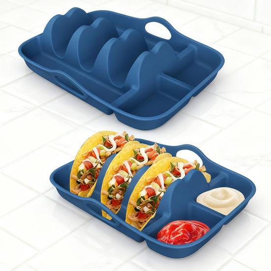 Silicone Taco Tray Burrito Serving Dish with Handles Dividers Heat Resistant Non-Slip Base Dishwasher Safe Tortilla Rack