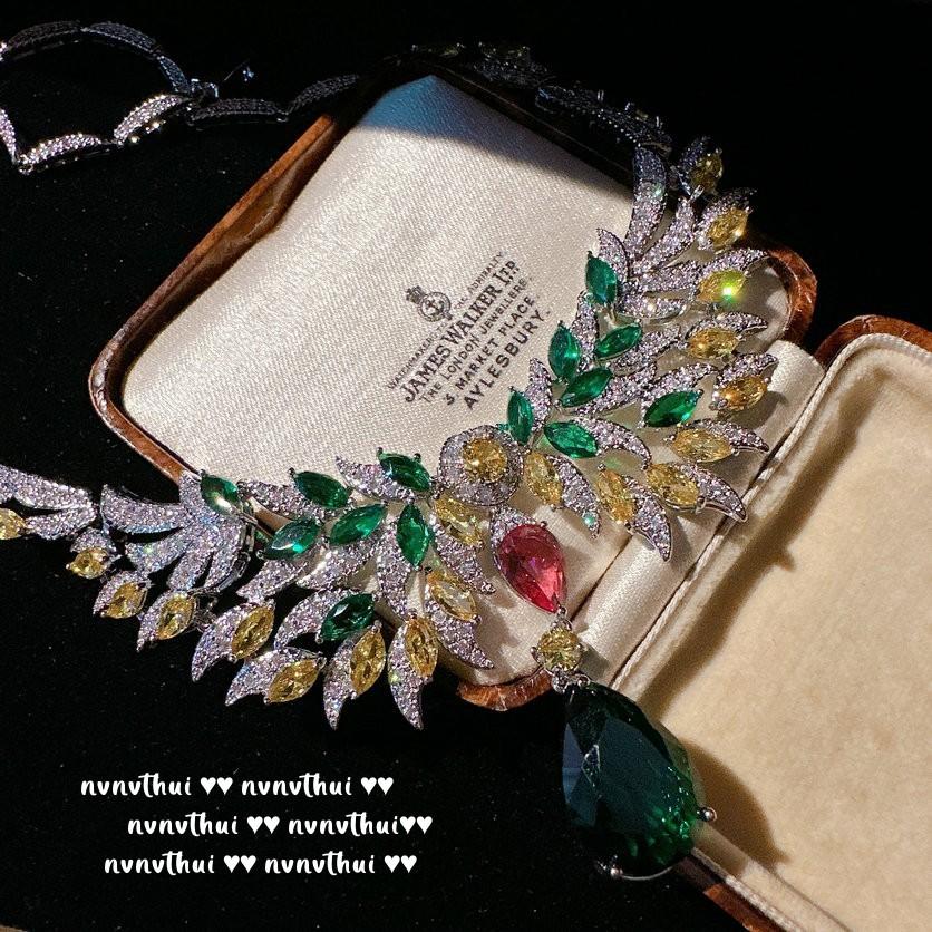 Mojito Wing Gemstone Necklace, Rich Woman'S Happiness, 18K Gold-Plated, Emerald Colored Treasure Water Drop Zircon Earrings.