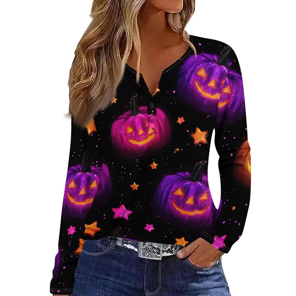 Women's Casual Long Sleeve V-Neck T-Shirt with Halloween Print and Button for Holiday Outfits