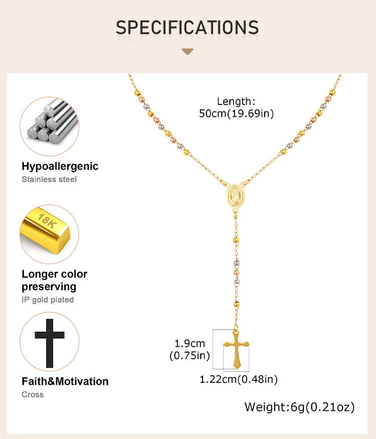 Triple Tone Beaded Rosary Cross Necklace, Stainless Steel Long Chain Crucifix Rosary Chain Y Necklace Women Religious Jewelry