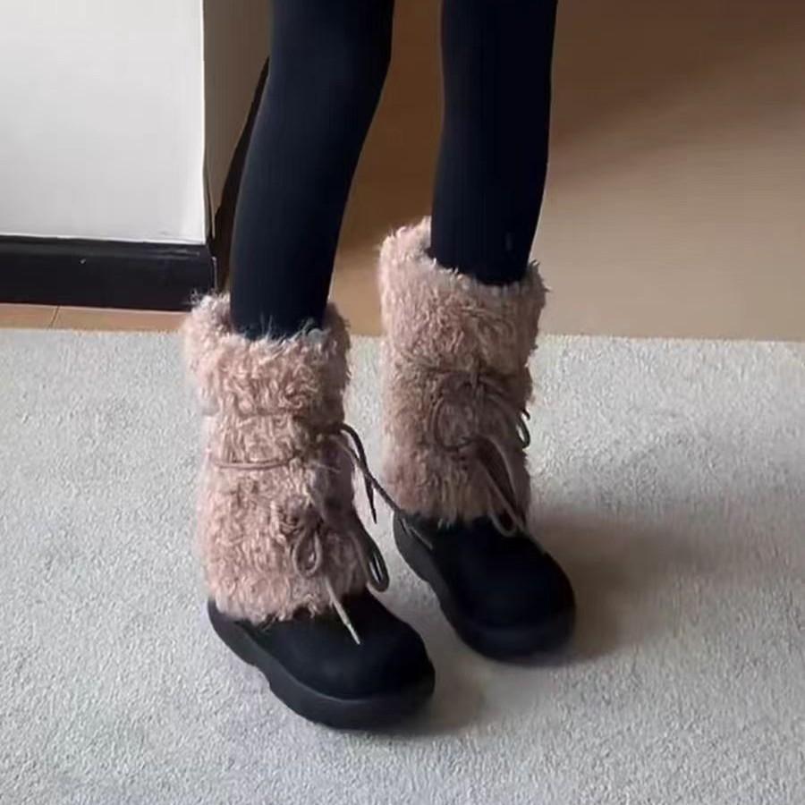 Snow Boots Women's Winter Piled Thickened Fluff Warm Thick Sole Heightening Outdoor Cotton Shoes Short Boots