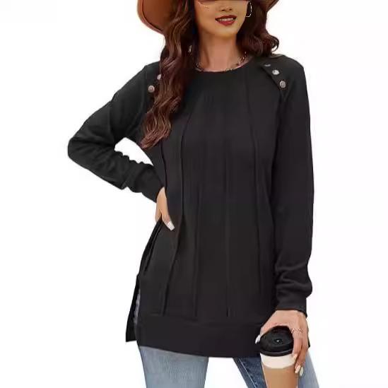 

Women s Fashion Casual Side-Slit Crew Neck Sweatshirt Sweater Solid Color Shirt S чорний