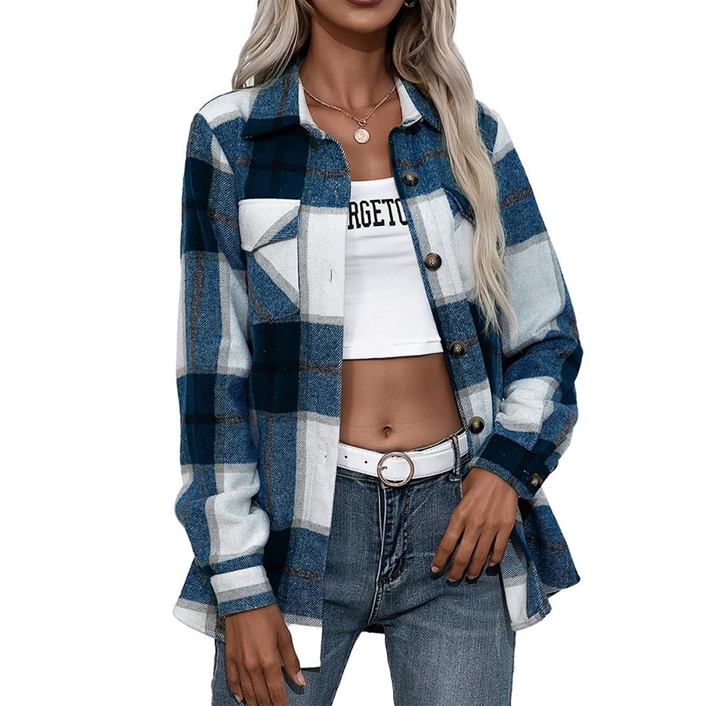 Women's Winter Casual Loose Grinding Wool Plaid Shirt Plush Plaid Shirt Jacket