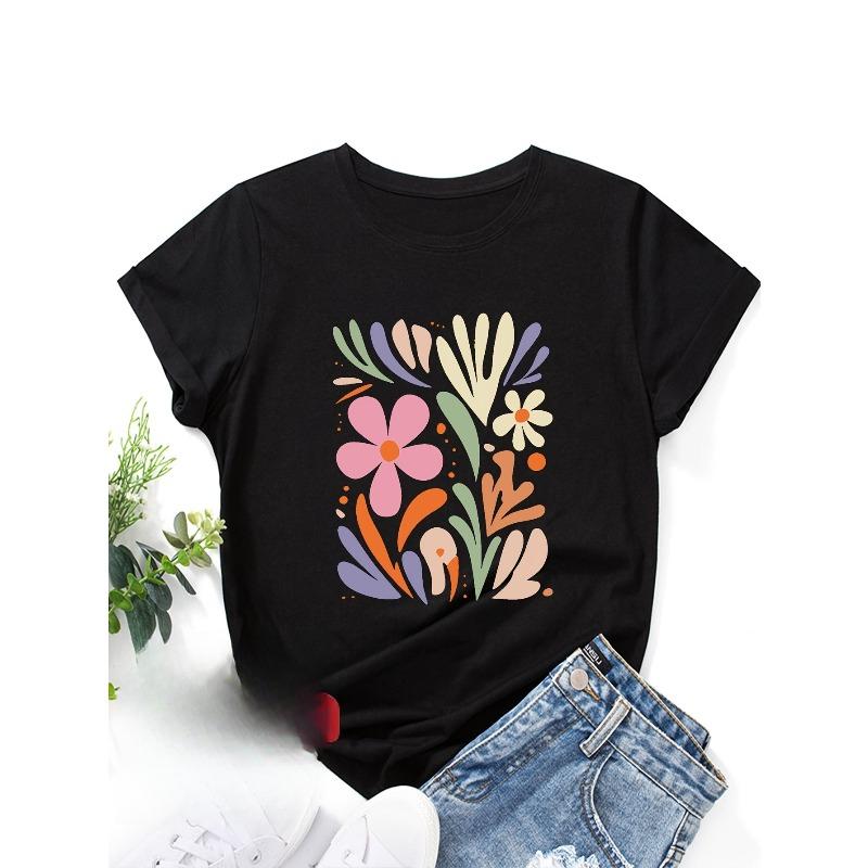 

European Size [Vibrant Graphic Tee] Women s Short Sleeve Crew Neck T-Shirt | Double-Sided Floral &Letter Graphic Print, Vibrant Colors on Olive Green 4XL чорний
