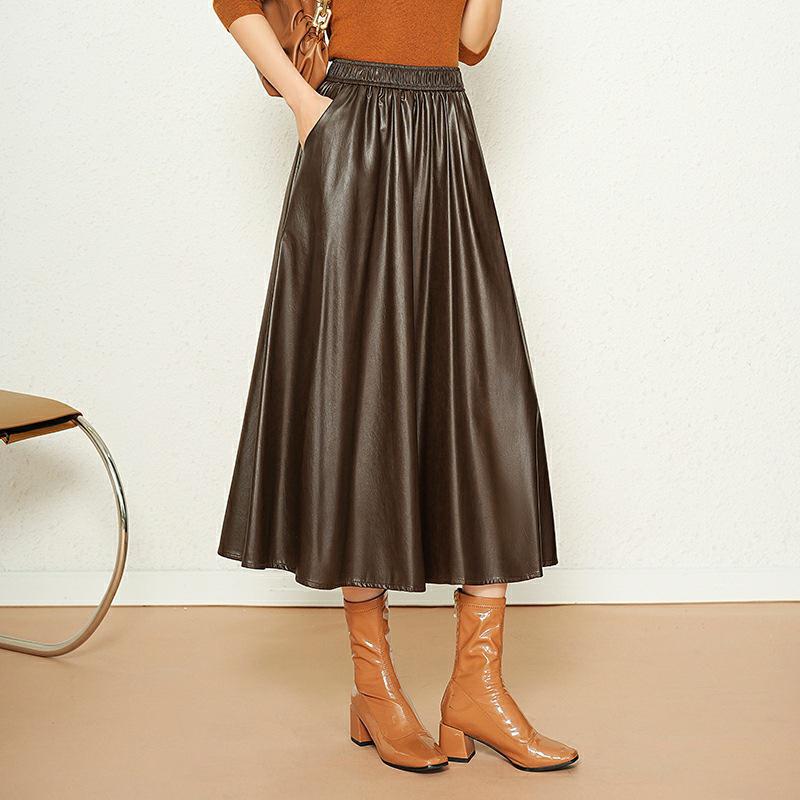 2025 Women's High-Waist Lambskin Leather Midi Skirt - Autumn/Winter Slimming A-Line Fashion