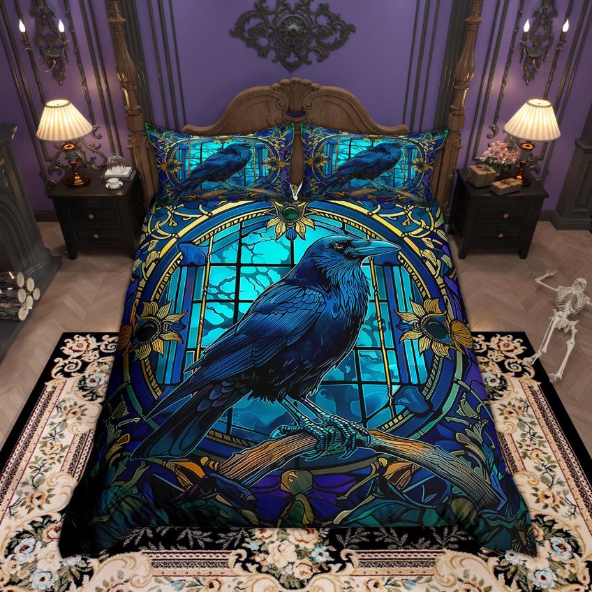 Homewish Happy Halloween Duvet Cover Set Retro Crow Bedding Set Botanical Plant Quilt Cover Set