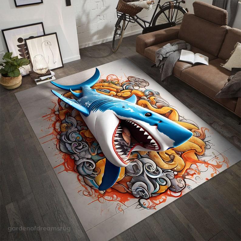 

3D Shark Illusion Graffiti Carpet,Modern Abstract Optical Art Rug,Non-Slip Soft Polyester Floor Mat Living Room Bedroom Decor 50x80cm