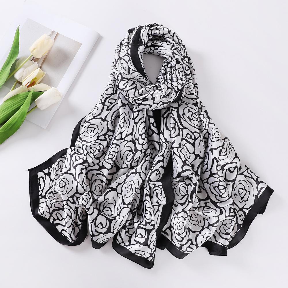 New Camellia Printed Design Scarf Literary and Elegant Breathable Sunscreen Shawl Emulated Silk Mid-length Style