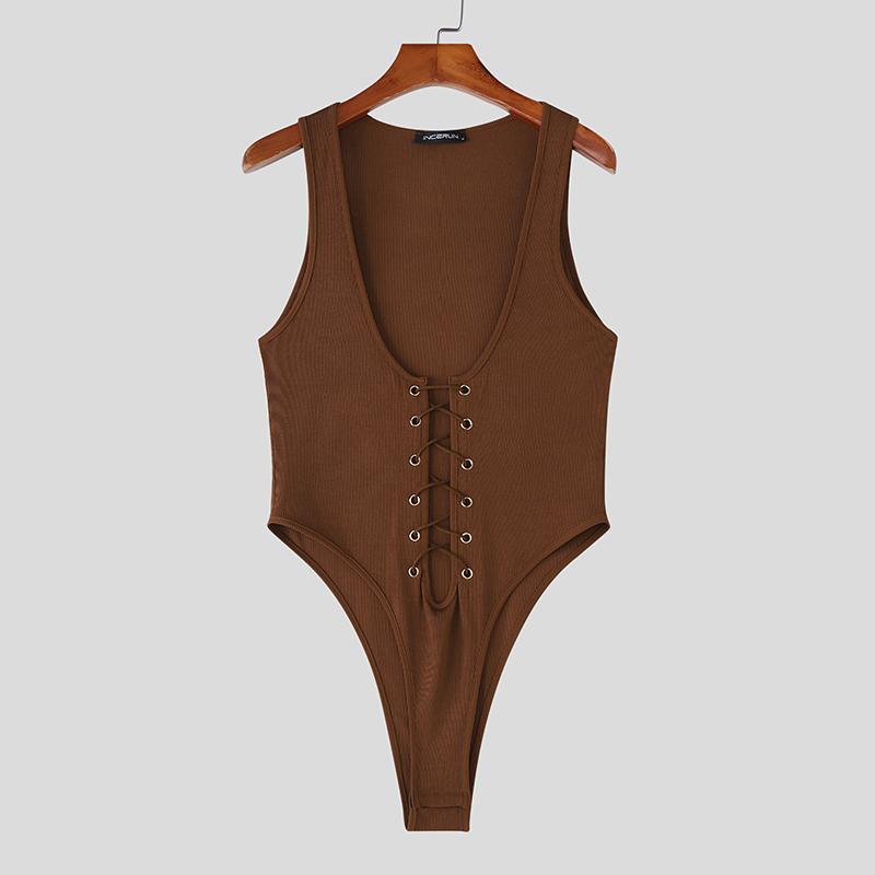 

INCERUN Мужская безрукавка с глубоким U-образным вырезом, бандажная, облегающая, майка, комбинезоны, ромперы 3XL коричневый