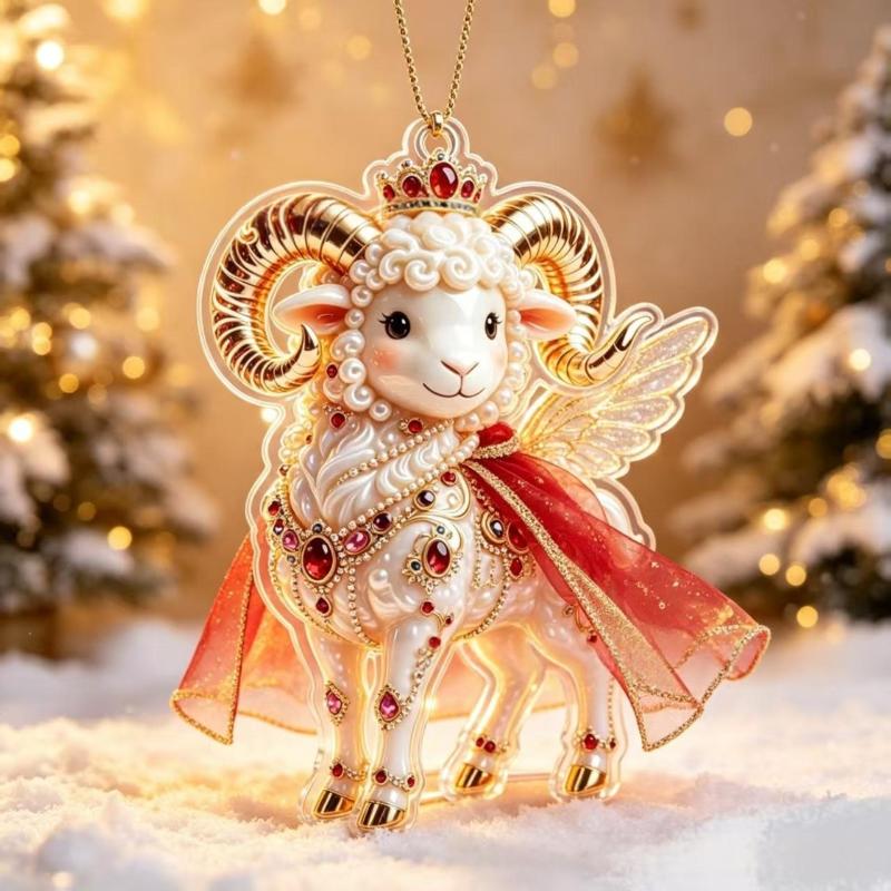 2D Acryl Sternzeichen Steinbock Weihnachtsbaum Anhänger Glücksbringendes Rot-Gold Design Für Rückspiegel Neujahr Hausdekoration