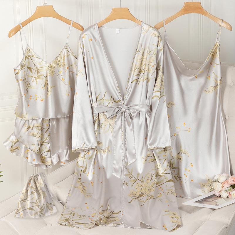 Elegant Women's Spring & Autumn Ice Silk Pajama Set: Long Sleeve Camisole Nightdress & Robe, 5-Piece Luxury Home Wear.