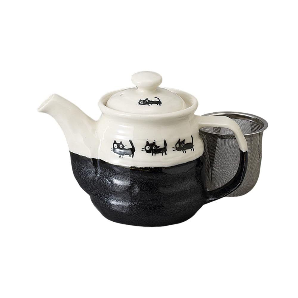 

Ale-net Teapot, 10x12cm, 500cc, Black Cat Design (with tea strainer), Mino Ware Porcelain, Made in Japan, Stylish