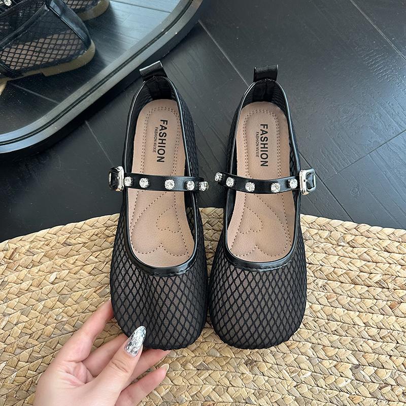 

Новые балетки с круглым носком, с мелким вырезом, из сетчатой ткани, дышащие, с металлической пряжкой, на мягкой подошве, нескользящие, одинарные туфли, большие размеры 35-43 43 чёрный