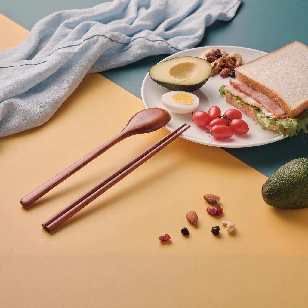 YFJY Japanese Style Wooden Chopsticks, Spoon & Fork Set for Students and Children with Cloth Bag - Three-Piece Tableware Set