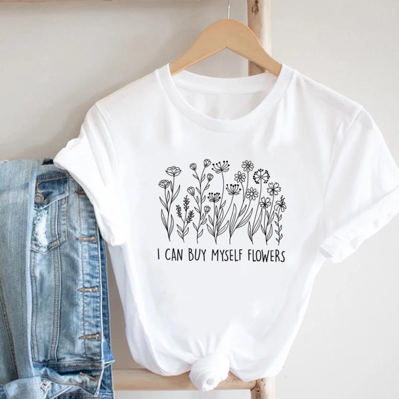 (European Size) Floral Lovely Clothing Casual Tee Bee Trend Cute Top Fashion T Shirt Short Sleeve Women Print Lady Female O-neck Graphic T-shirt