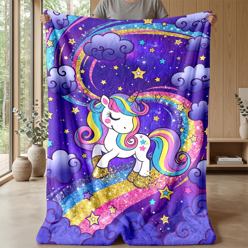 Unicorn Rainbow Stars Theme Blanket Lightweight Warm Flannel Blanket Decorative Throw Blanket for Home Decoration